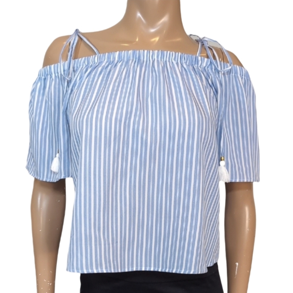 NEW Tally Weijl Striped Off Shoulder Top Womens Size Large Blue White Tassel Tie